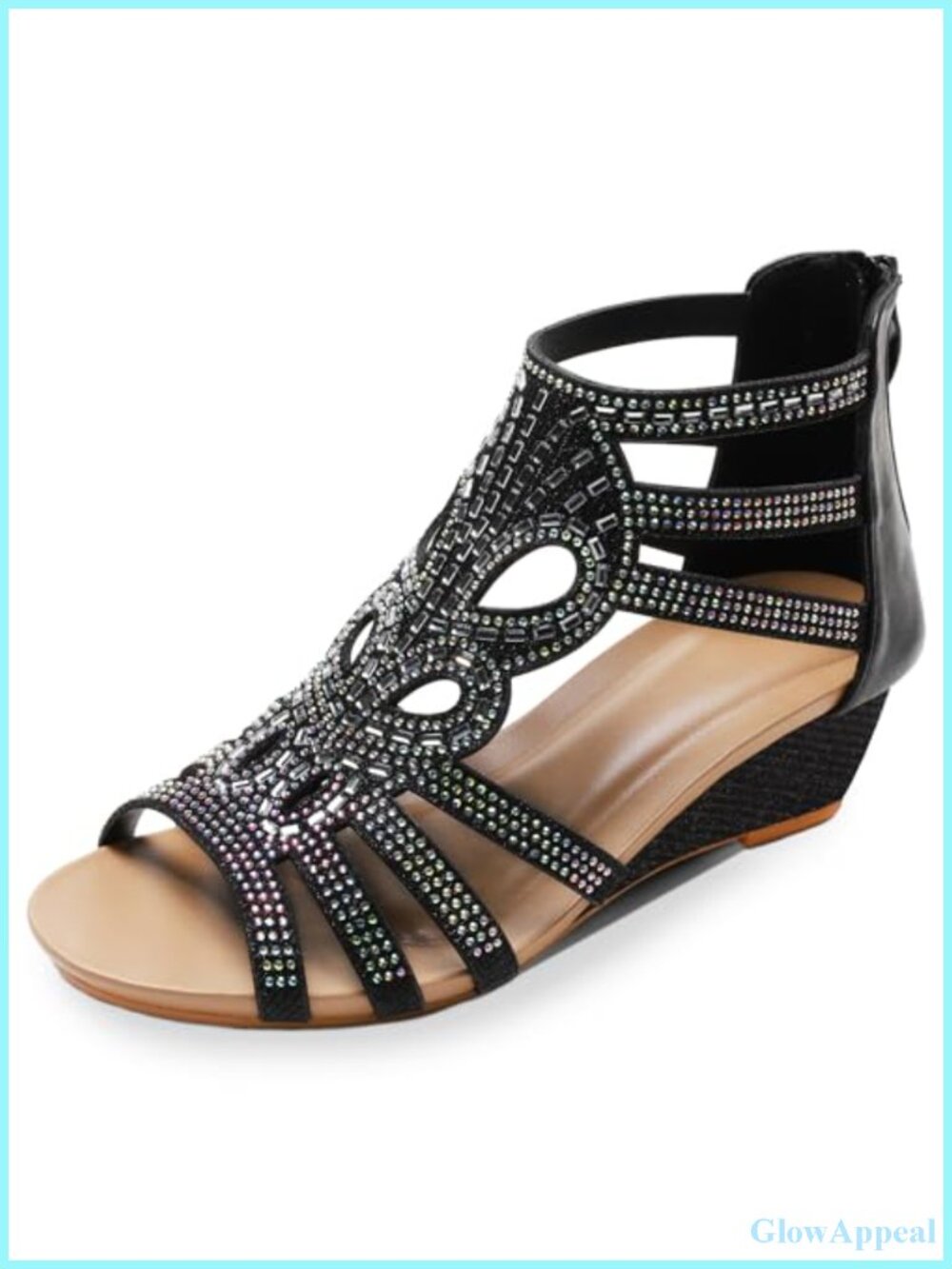 WOJWSKI Women's Wedge Sandal Open Toe Rhinestone Zip Back Platform